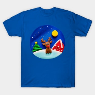 Cute Reindeer and Christmas Tree Snowy Winter Night T-Shirt